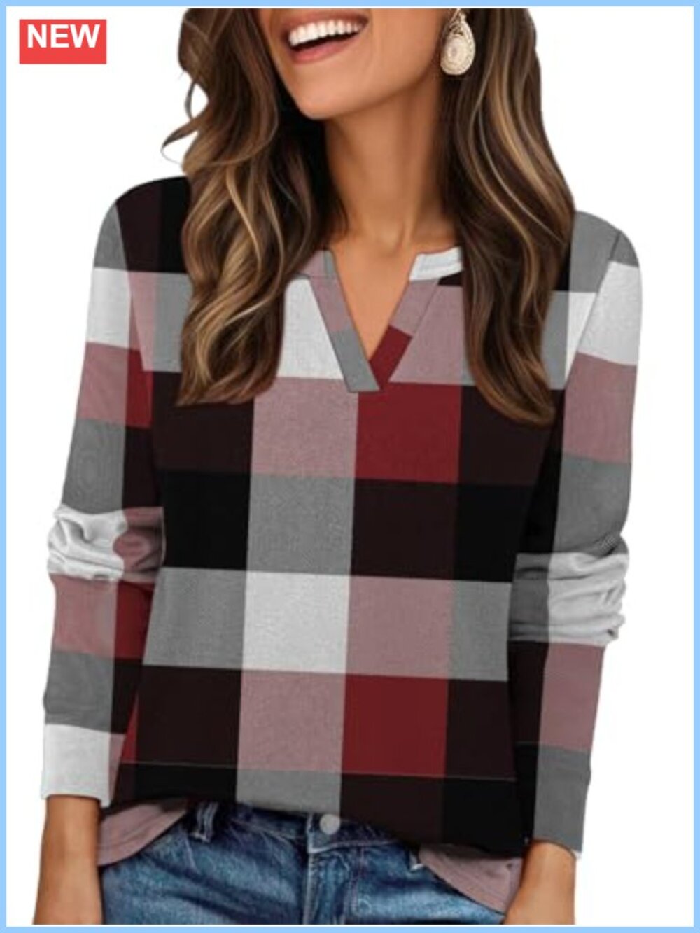 Womens Long Sleeve Plaid V Neck Fleece Tunic Sweatshirt